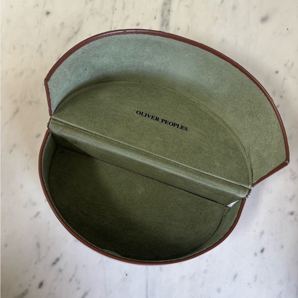 Oliver Peoples Sunglasses Case, Used/Pre-owned condition, brown w/ suede green
